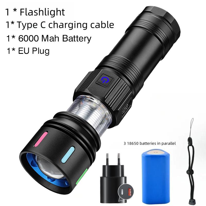 Super Bright 7070 LED Flashlight USB Rechargeable Tactical Zoom Flashlights with Red Yellow White Blue Light Spotlights Torch