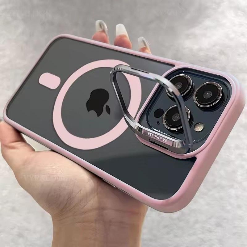 Metal Holder Phone Case For iPhone 17 16 15 14 13 12 11 Pro Max Plus Air For Magsafe Transparent Magnetic Lens Protection Cover