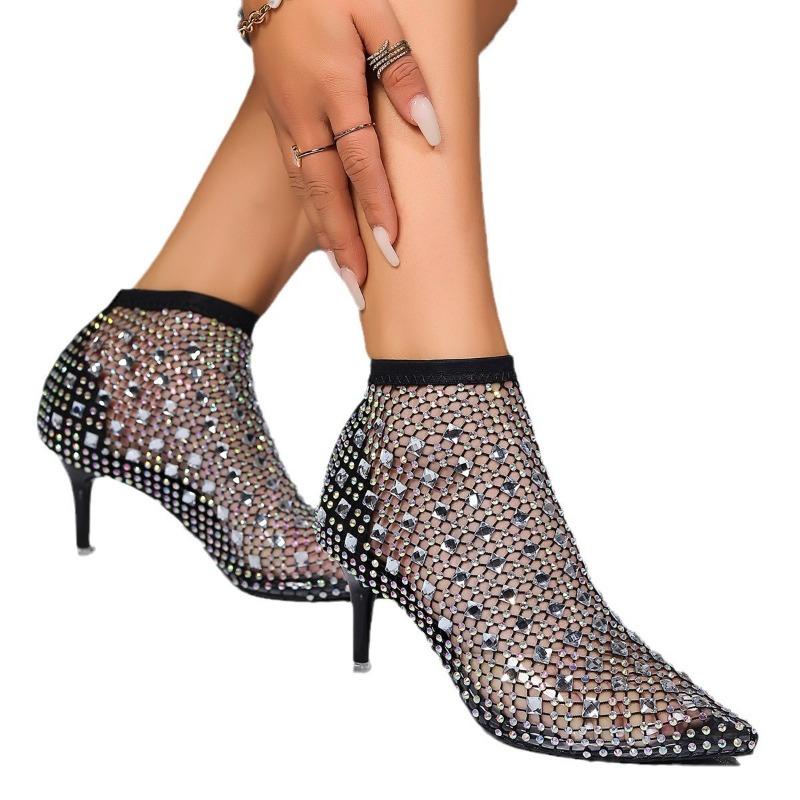 Spring and summer sexy stiletto sandals women's mesh socks hollow rhinestone elastic transparent fashion pointed high heel cool boots