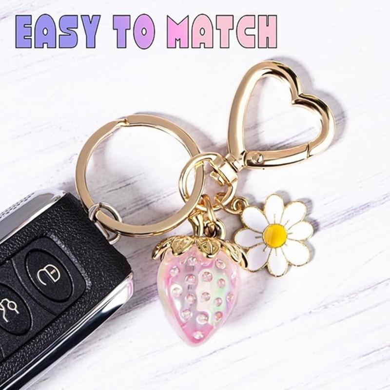 Romance Heart Shaped Resin Keychain With Strawberry Daisy Designs Portable Sturdy for Keys Bags Gifts
