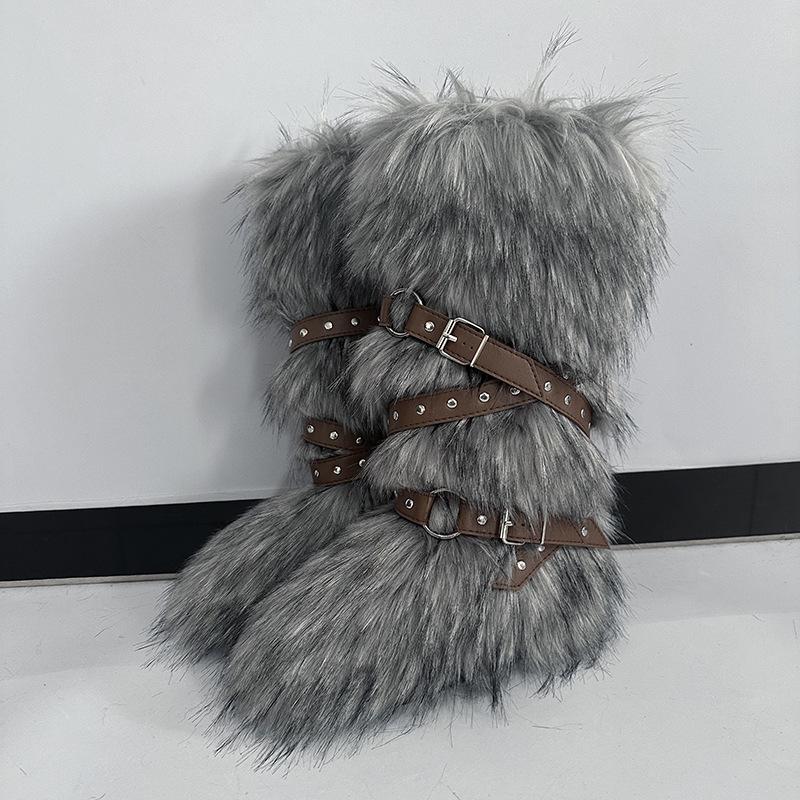 Damen Winterimitat Fuchsfell Stiefel Gürtel Punk Europäisch und Amerikanisch hoher Schaft 40 langer Schaft Schneestiefel Schuhe