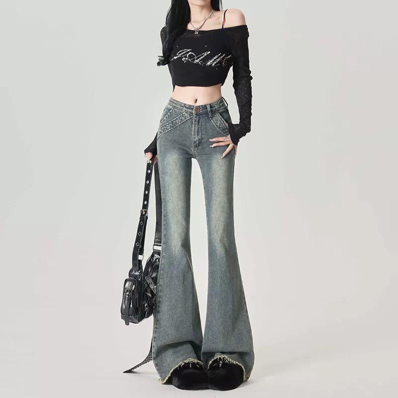 

American Micro Flare High-Waisted Patchwork Denim Jeans with Pockets, Stretch Slim Fit, Raw Hem, Bell Bottoms for Women Extra Large средний синий