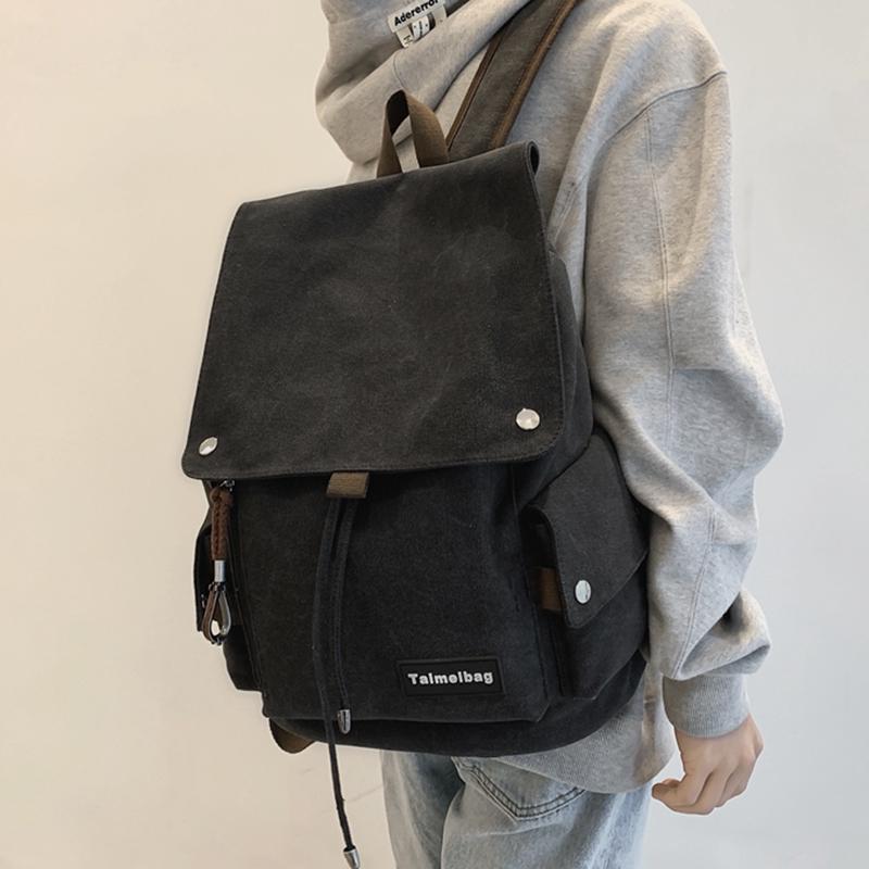 Unisex Canvas Backpack for Students - 15.6 Inch Laptop Bookbag with Drawstring Flap