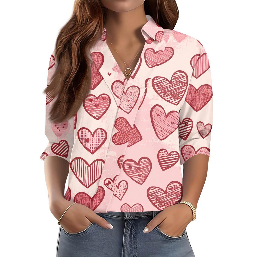 Damen 3/4-Ärmel V-Ausschnitt Hemd Bedruckt Arbeitskleidung Lässig Regulär Hemdkragen Oberteil