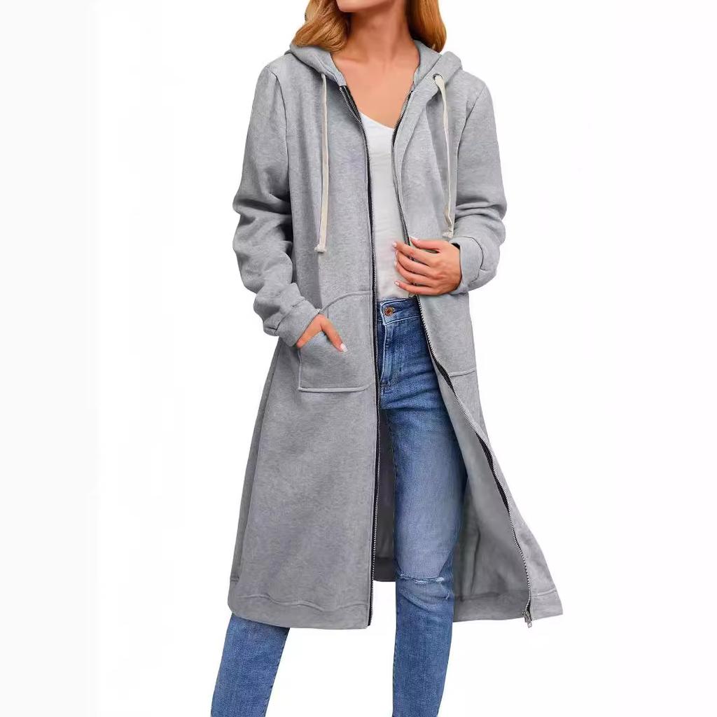 Lockere Passform Länge Durchgehender Reißverschluss Kapuzenmantel für Damen Baumwolle Oberbekleidung Langarm Hoodie Sweat mit Taschen