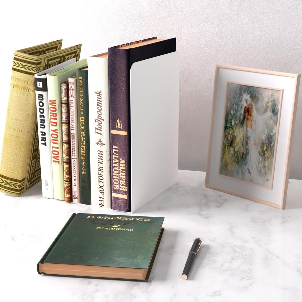 WEWINK PLUS White Desktop Set of Bookstand for Office and More 8-Book Holder, L-Shaped Bookends, Metal, Non-Slip, Non-Topple Storage, 4,