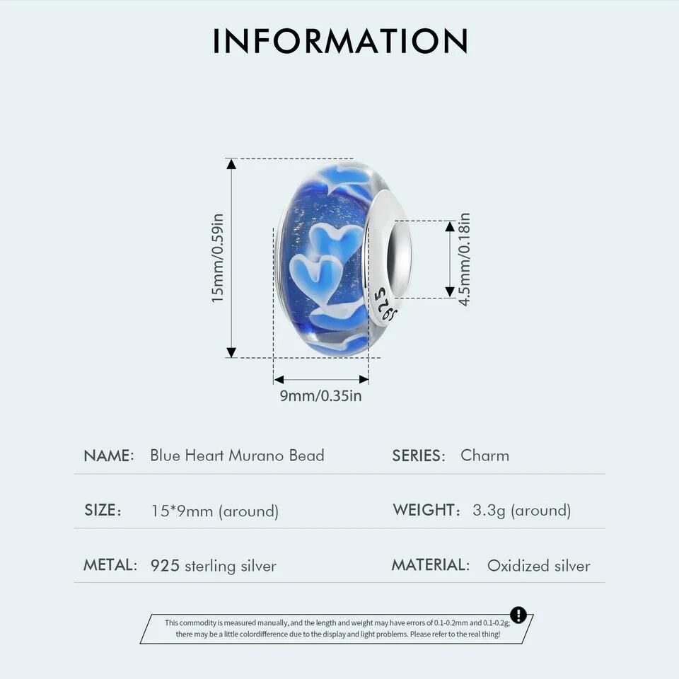 Breloc cu inimă albastră de Murano BAMOER pentru femei Fabricarea de bijuterii Breloc din argint 925 pentru brățară originală Accesorii DIY