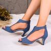 Women's Roman Sandals Summer Peep Toe Glossy Surface Back Zipper Side Empty Thin Heel Plus Size