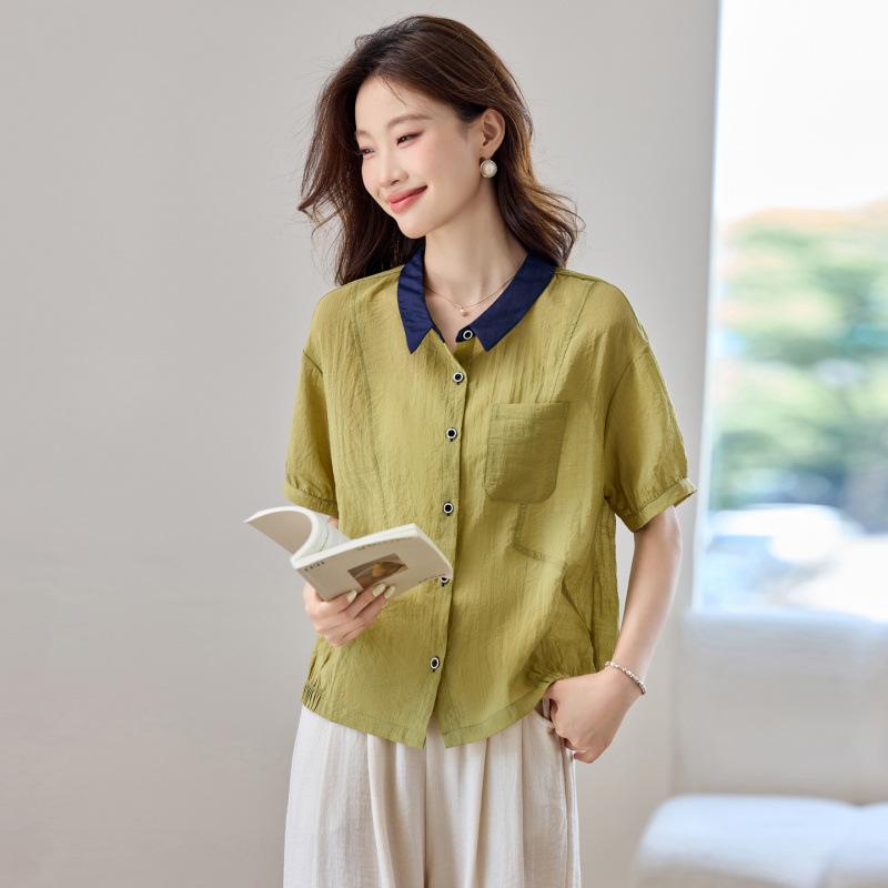 Summer fashion niche design sense contrasting color lapel loose casual versatile short-sleeved shirt women