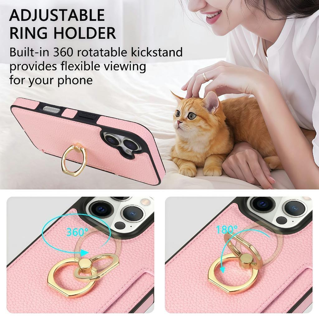 For iPhone 17 Case Ring Kickstand PU + TPU Card Holder Phone Cover