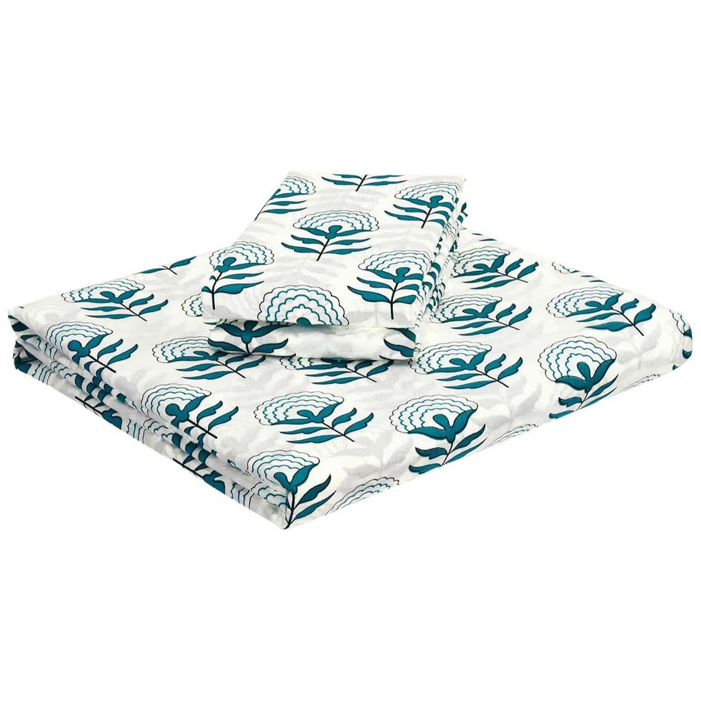 King Size Flat Bedsheet with 2 Pillow Cases | 180 TC | 100% Cotton | Washing Machine Washable | 90 x 108 Inches | Floral Design (Green)