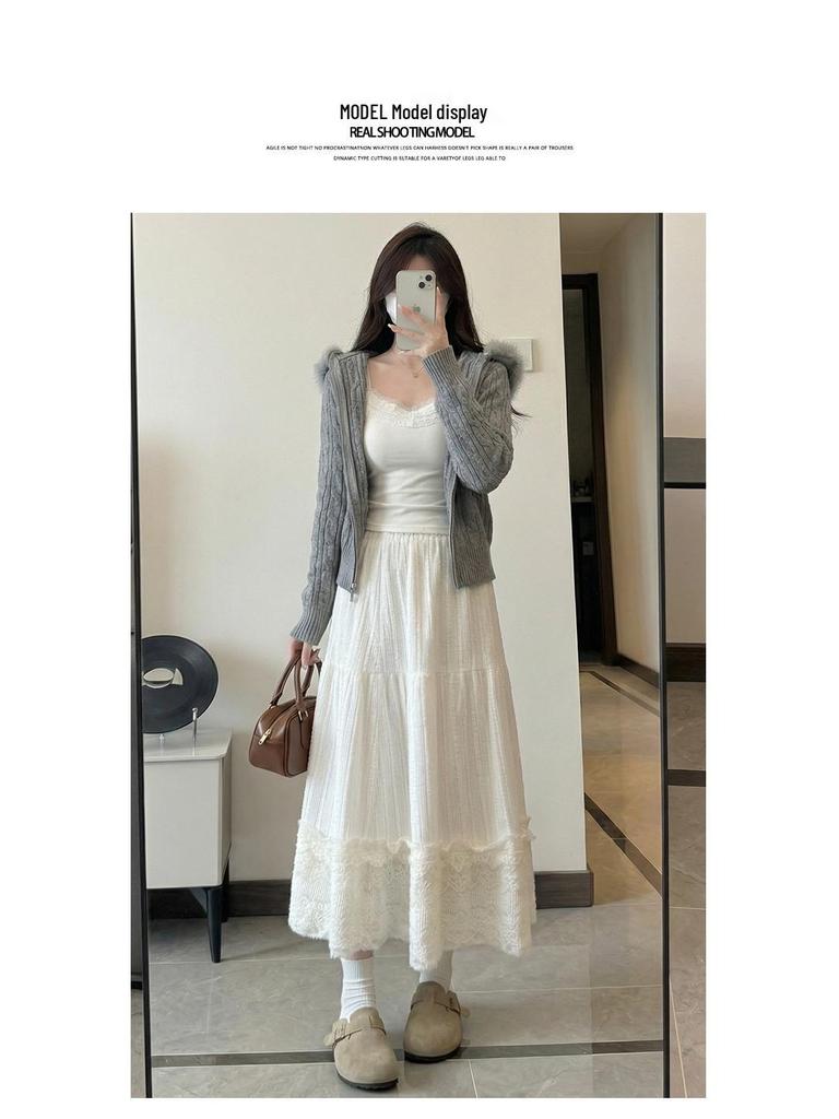 Women's White Lace High Waist A-line Umbrella Skirt - Mid-length Flare for Tall Figures