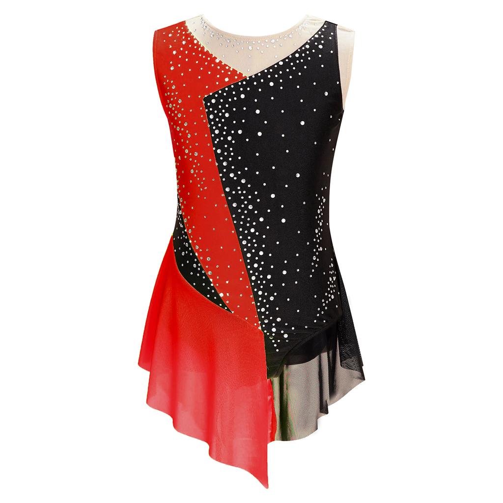 Girls Modern Lyrical Dance Dress High-Low Tulle Split Rhinestone Ballet Gymnastics Leotards Figure Skating Performance Costume