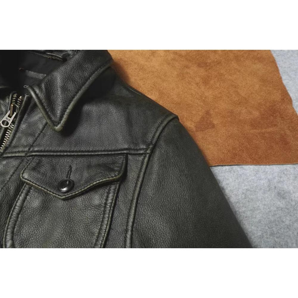 Chinese Size Vintage Olive Green Genuine Cowhide Men Leather Jacket Autumn Turn Down Collar Real Leather Coat