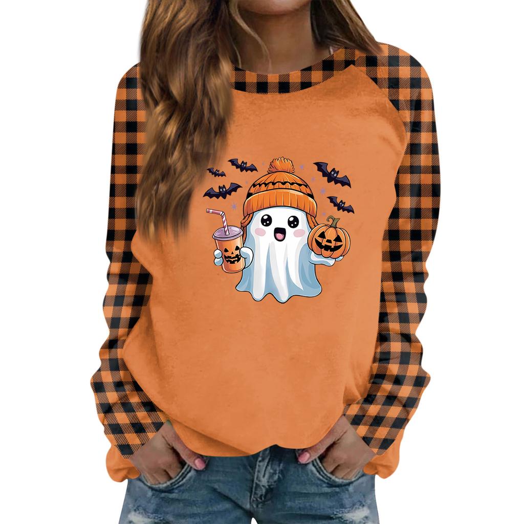 Women's Casual Long Sleeve Top with Halloween Print Round Neck Blouse for Party and Daily Wear