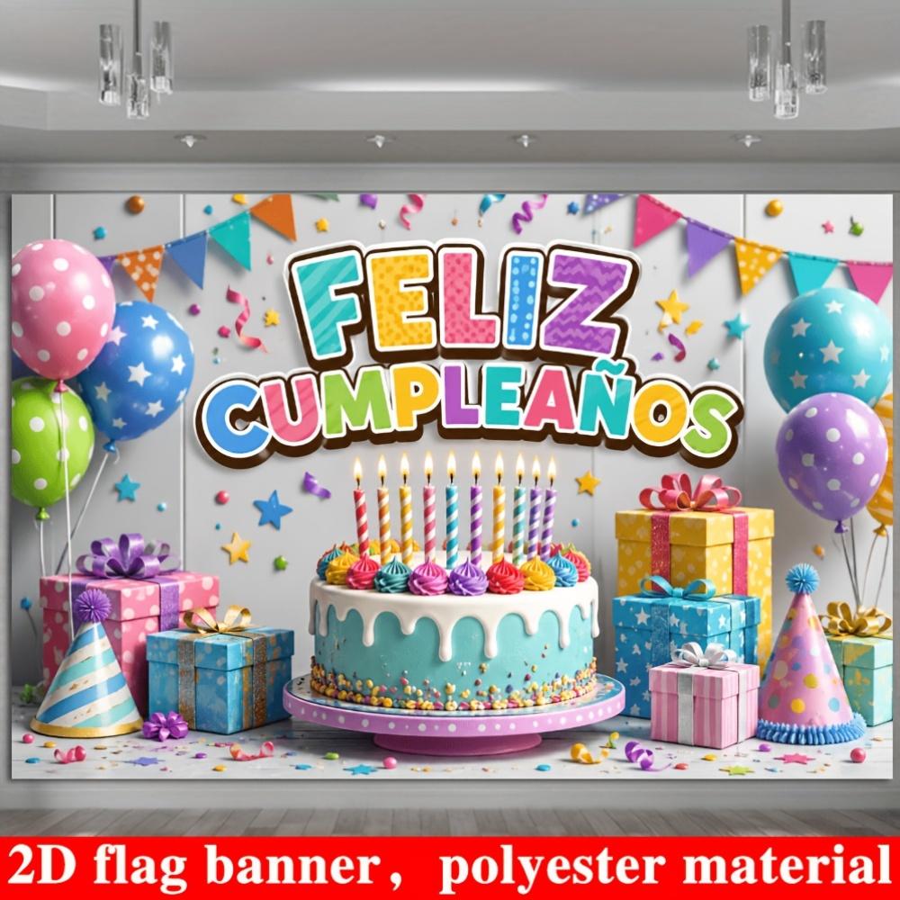 Colorful Birthday Party Banner Backdrop Cake Balloons Gift Boxes Polyester