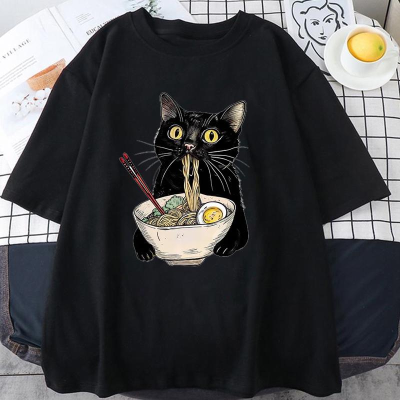 Noodle Ramen Cat T-Shirt Foodie Lover T Shirts Black Cat Noodle T-Shirts Retro Casual Short Sleeve Tshirt for Men Women Clothes