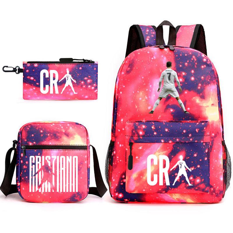Football Star Teenager Student Schoolbag Ronaldo Pattern Three-Piece Backpack