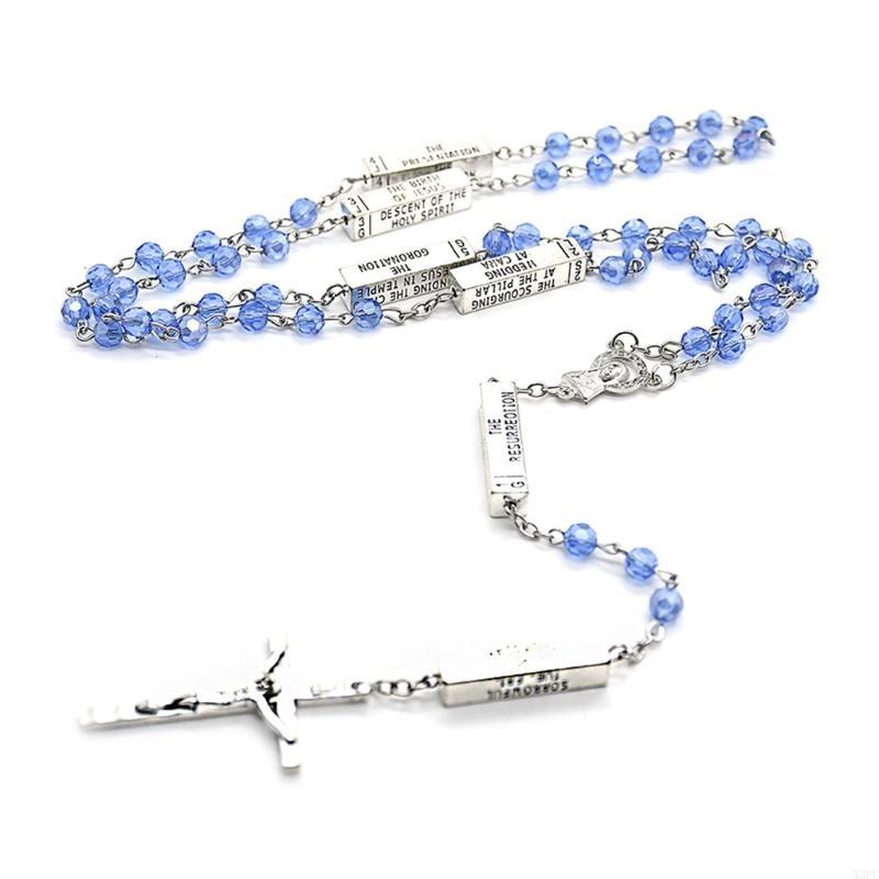 49cm Benedict Retro Rosary Bead Catholic Necklace Mystery Bead Necklace Cuboid Prayer for Cross Long Chain Necklac X3UC синий