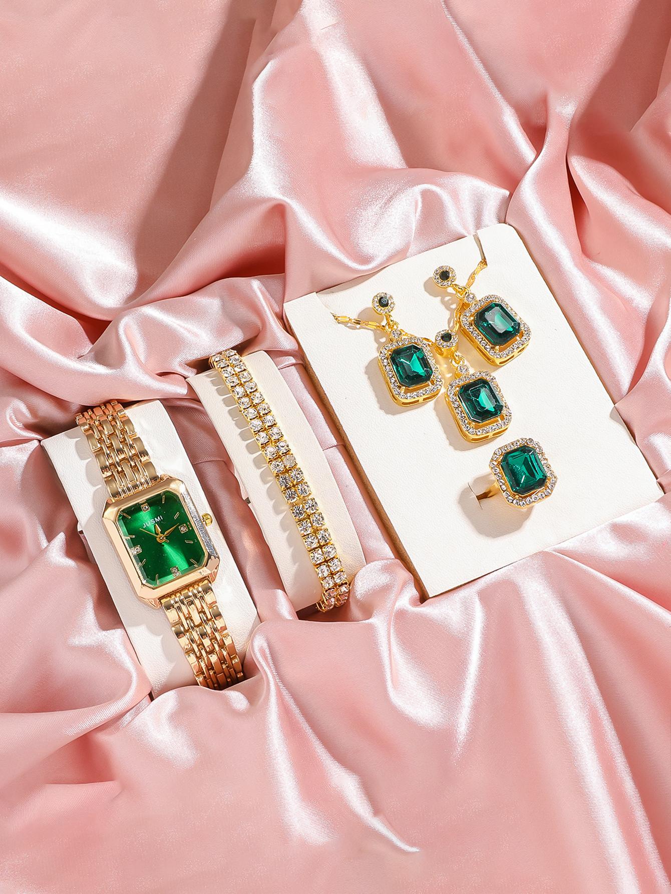 Summer new fashion luxury green square watch with diamond jewelry gift box set for girlfriend. золотой