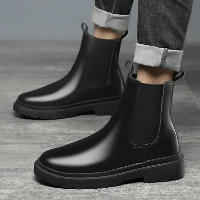 Men's Autumn Chelsea Boots Solid Color Black Retro Motorcycle Ankle Boots for Men Outdoor High Top Casual Shoe Botas Para Hombre
