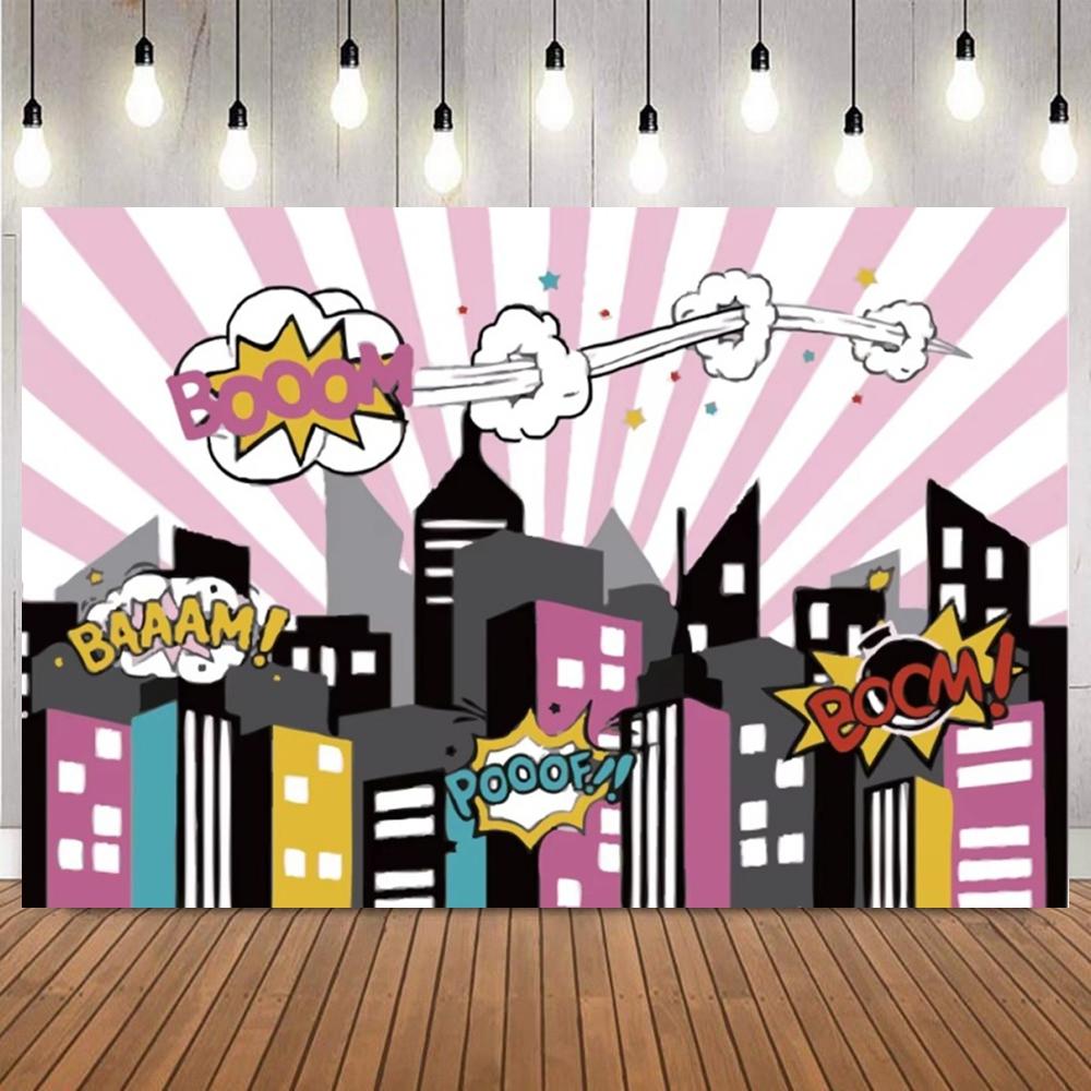 Manga Style Urban Architecture Themed Birthday Party Banner Backdrop, Superhero Girl Birthday Party Decoration Shooting Backdrop2