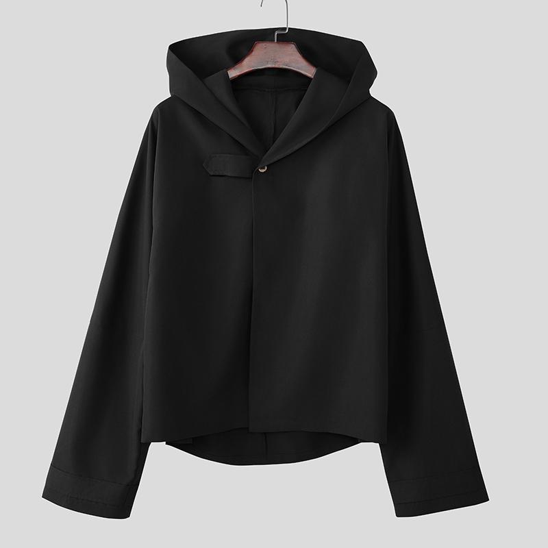 

INCERUN Men Long Sleeve Button Hooded Casual Cloak Jackets Tops S чёрный