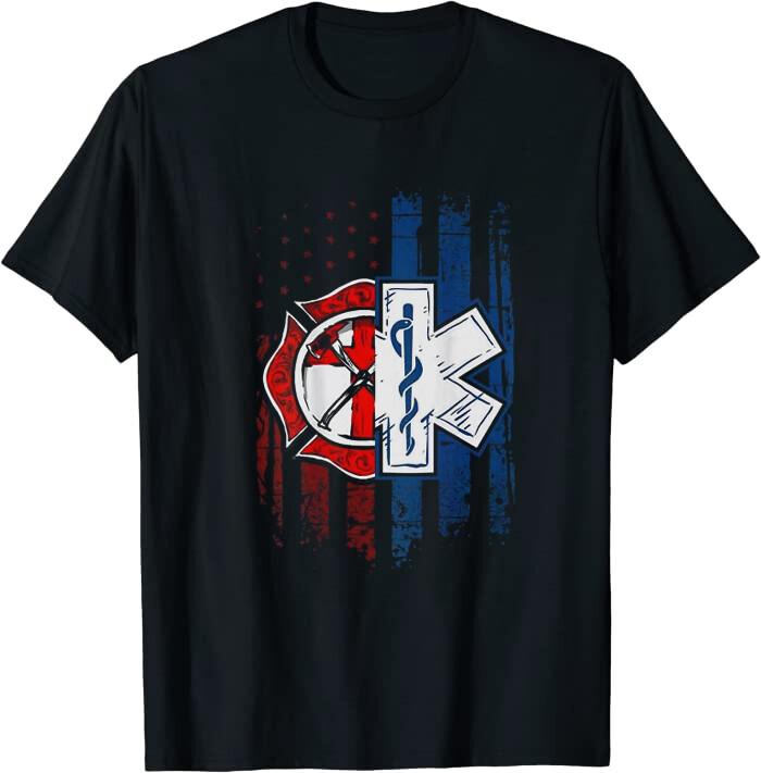 Patriotic Paramedic Firefighter EMT USA Flag EMS Tee T-Shirt XXXXL