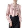 Women's Satin Long Sleeve Bow Shirt - Casual Spring Top