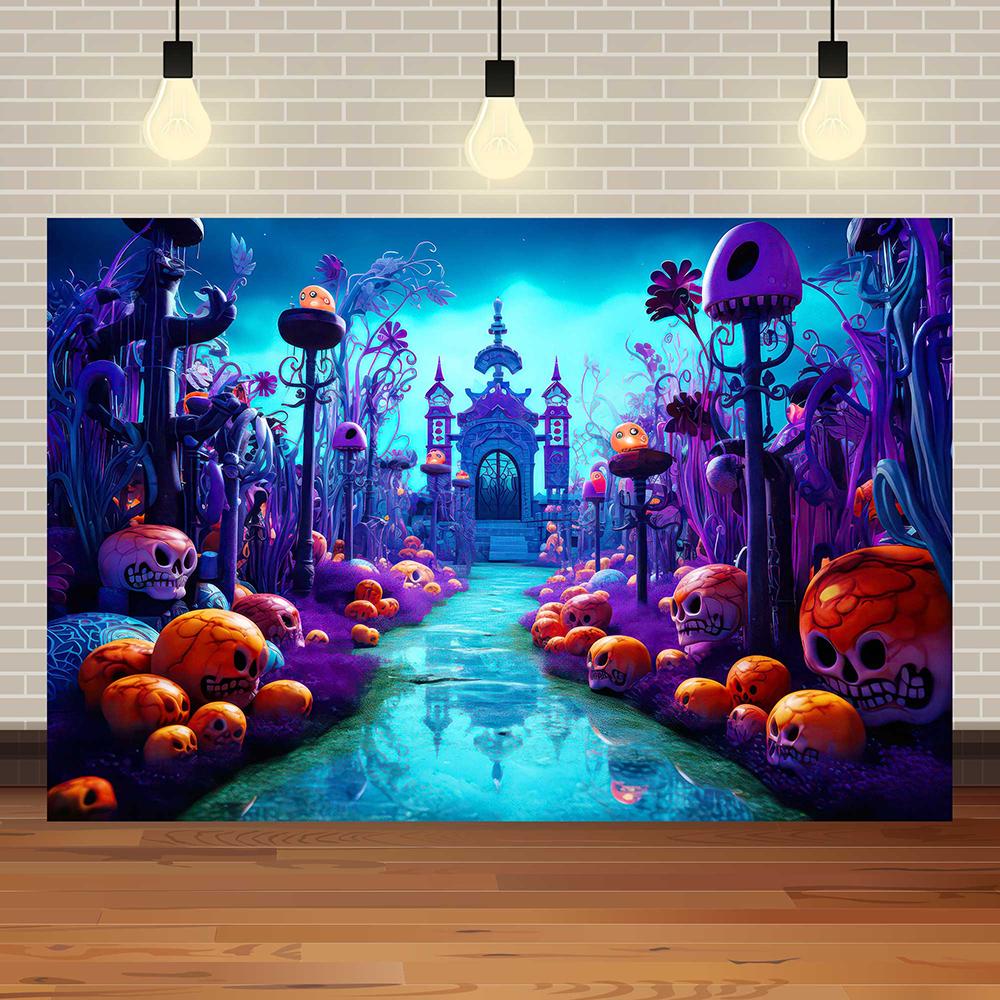 Halloween Eve Theme Skull Flowers Night Castle Moon Pumpkin Lights Skeleton Family Party Kids Photography Background Studio Prop369