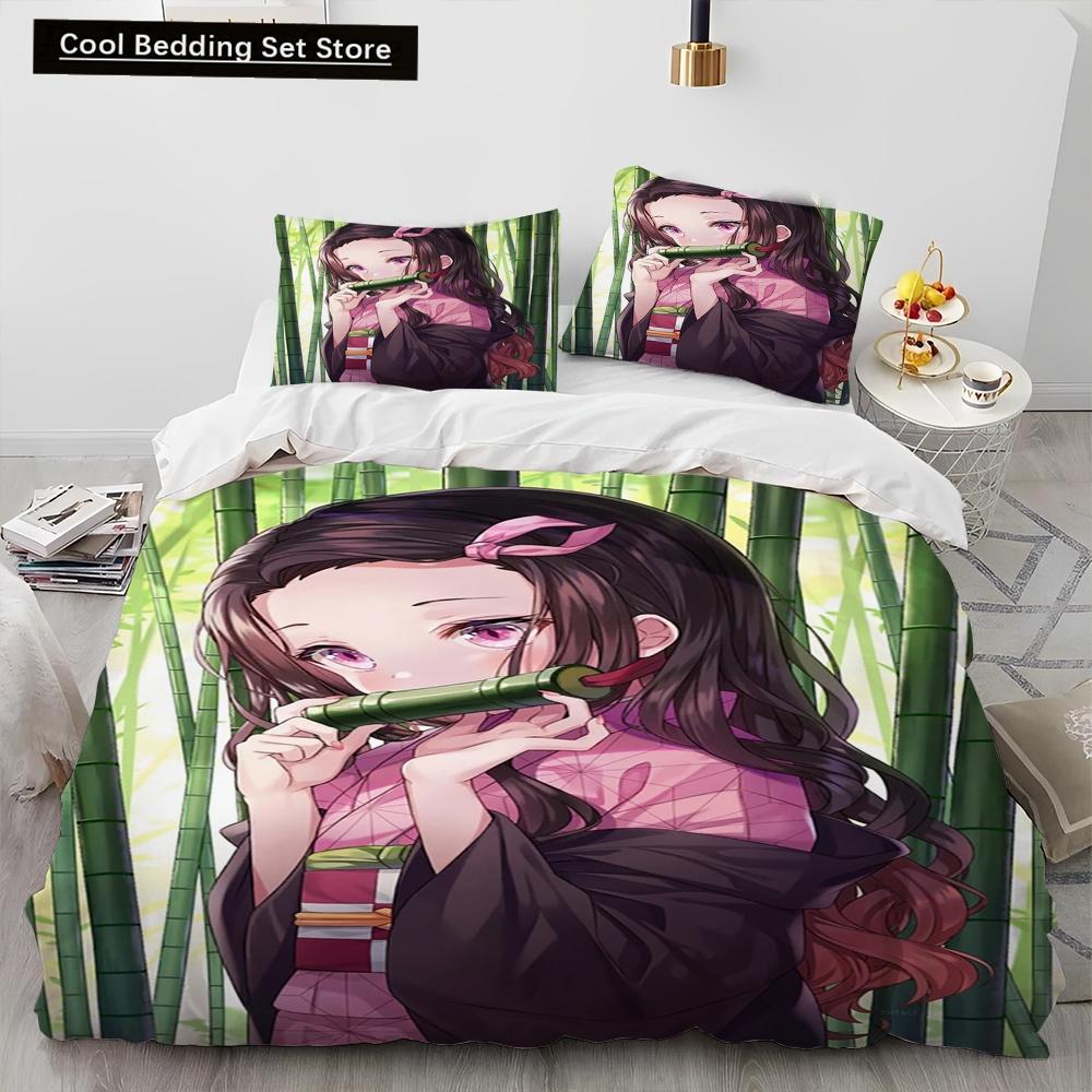 Demon Slayer Bedding Set Kamado Nezuko Duvet Cover Set Bedspread Pillowcase King Queen Full Single Size Bed Linen Kids Teen Gift