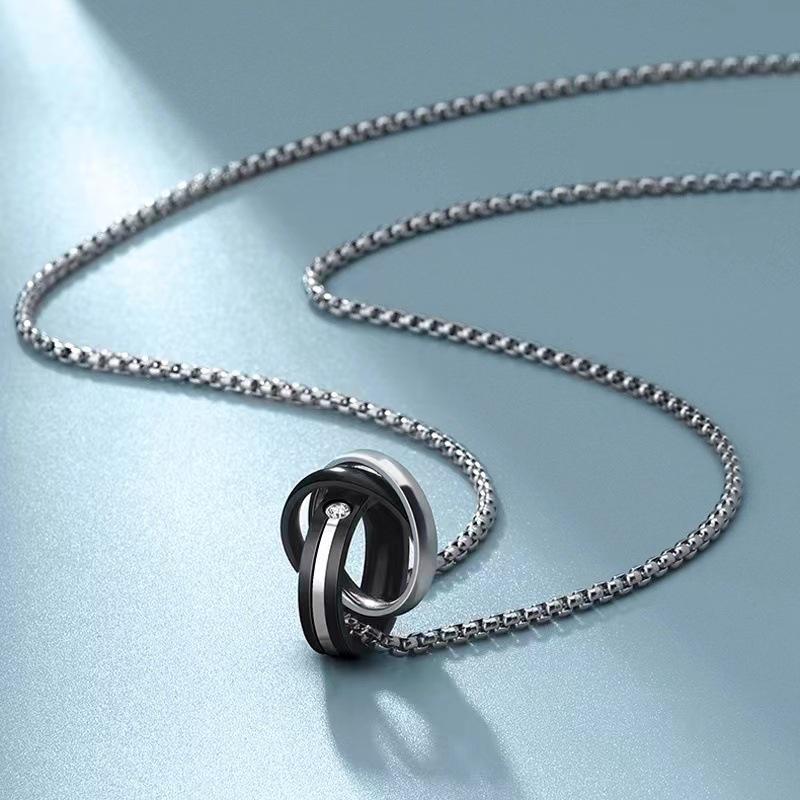 Men's Trendy Double Ring Pendant Necklace, Versatile Titanium Steel Accessory with High-End Feel