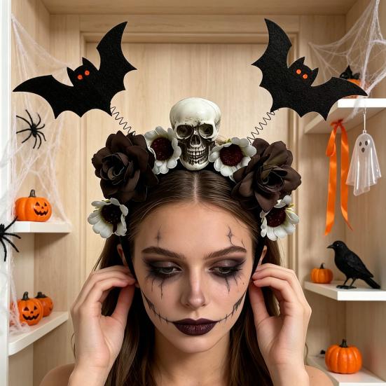 Decorative Cloth Headbands for Events Halloween Flower Skeleton Bat Headband, Gothic Floral Skull Hair Bands, Spooky Stylish Bands Accessory,