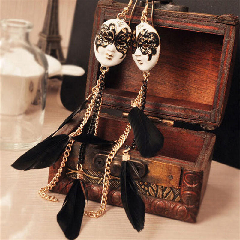 Vintage Baroque Chain Feather Tassel Chain Mask Long Drop Earrings For Women