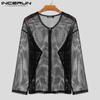 INCERUN Men Long Sleeve Mesh See Through Hollow Out Zipper Beach Shirts Tops