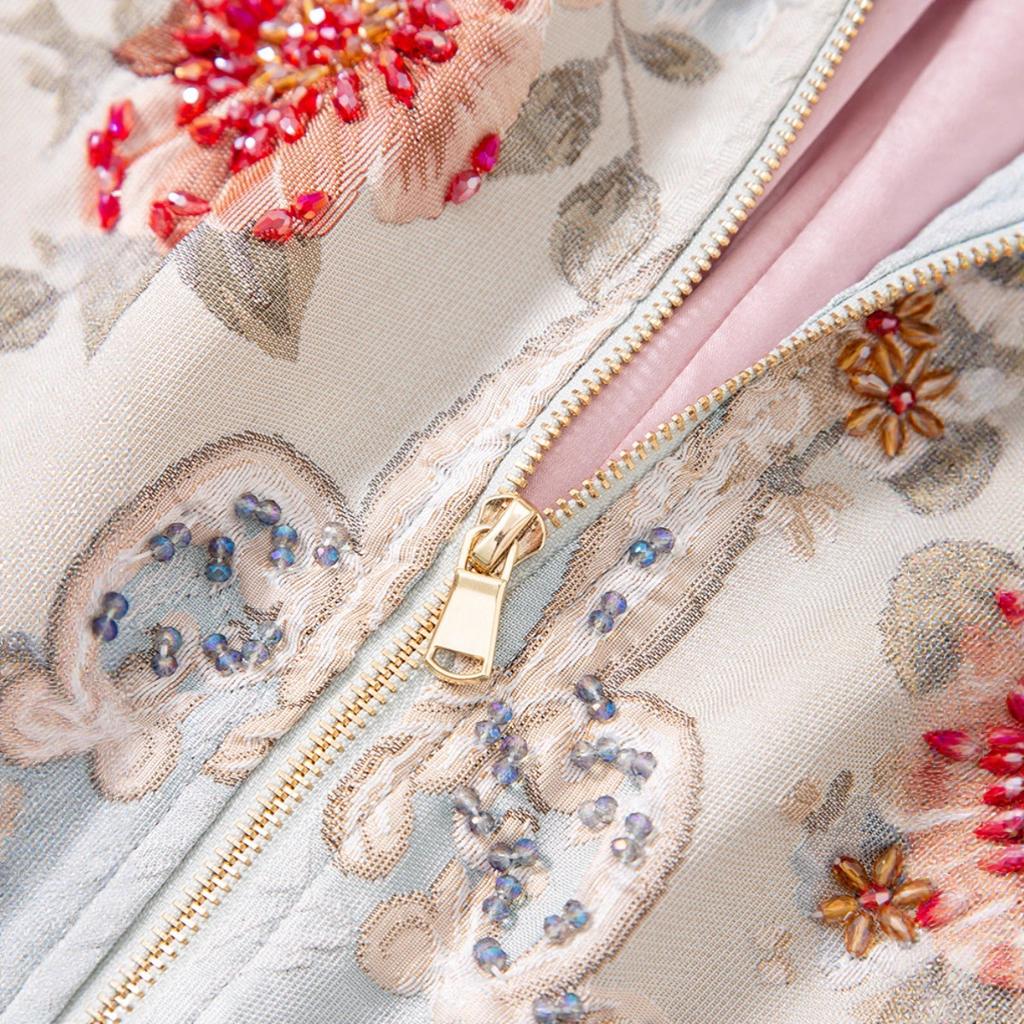 European Station Spring and Autumn Versatile Baseball Uniform Women's Jacquard Three-dimensional Relief Flower Heavy Industry Bead Short Jacket Top