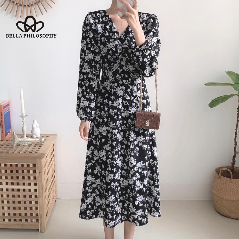 Ženy Podzim Jaro Modré Květinové Dlouhé šaty s výstřihem do V Dlouhé šaty Neformální Elegantní Šaty s potiskem Florla