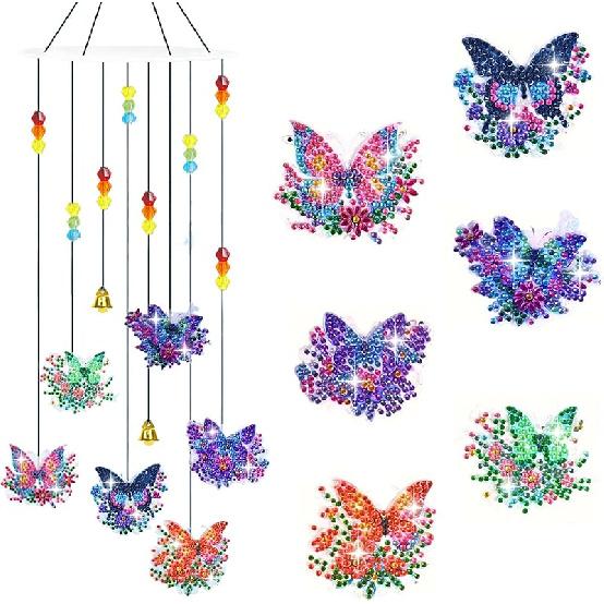 Generic DIY Dotted Diamond Art Painting Wind Chime Kit, Three-Dimensional Sun Catchers Diamonds Dot Paintings Hanging Ornaments, for Spring Garden