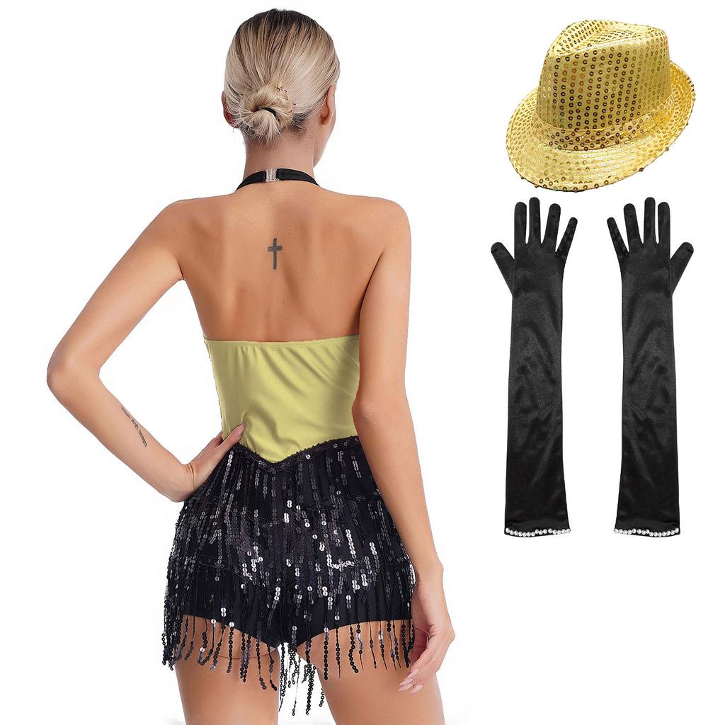 Womens Jazz Dance Outfit Halter Neck Backless Design Sparkly Sequins Fringe Jumpsuit Tassel Leotard