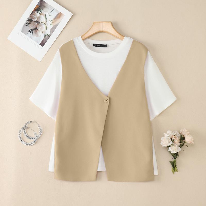 

ZANZEA Женская летняя футболка с круглым вырезом, коротким рукавом, повседневная, в стиле пэчворк 2XL хаки