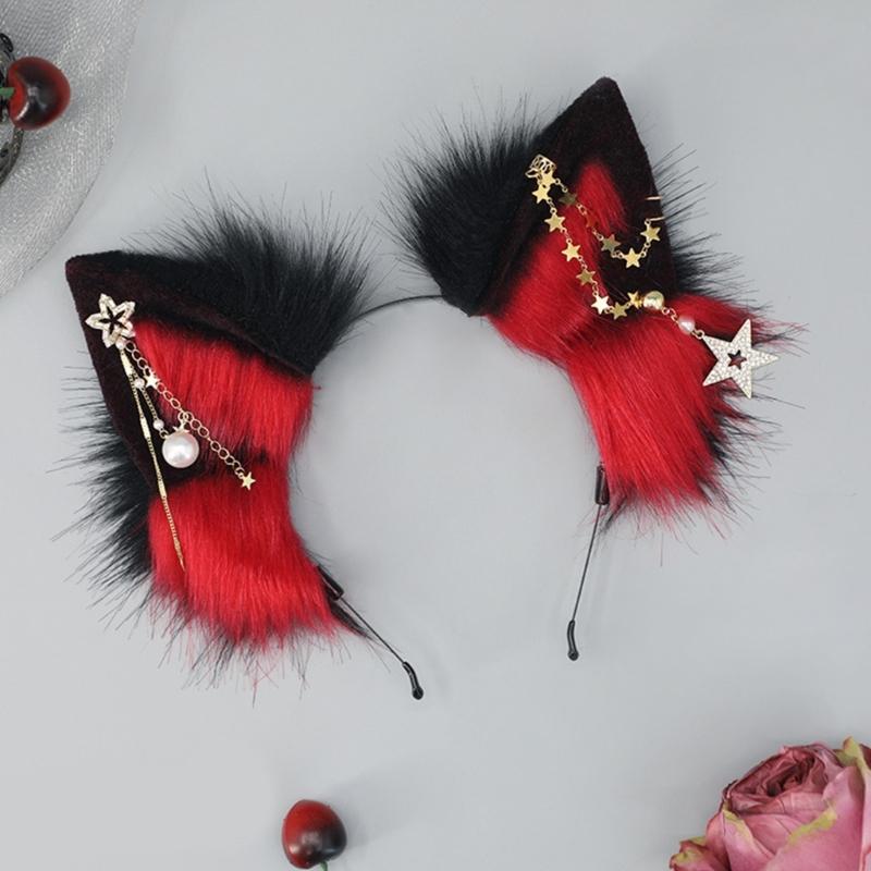 Wolf Ears Handmade Animal Furry Kitten Headband Star Tassels for Masquerade