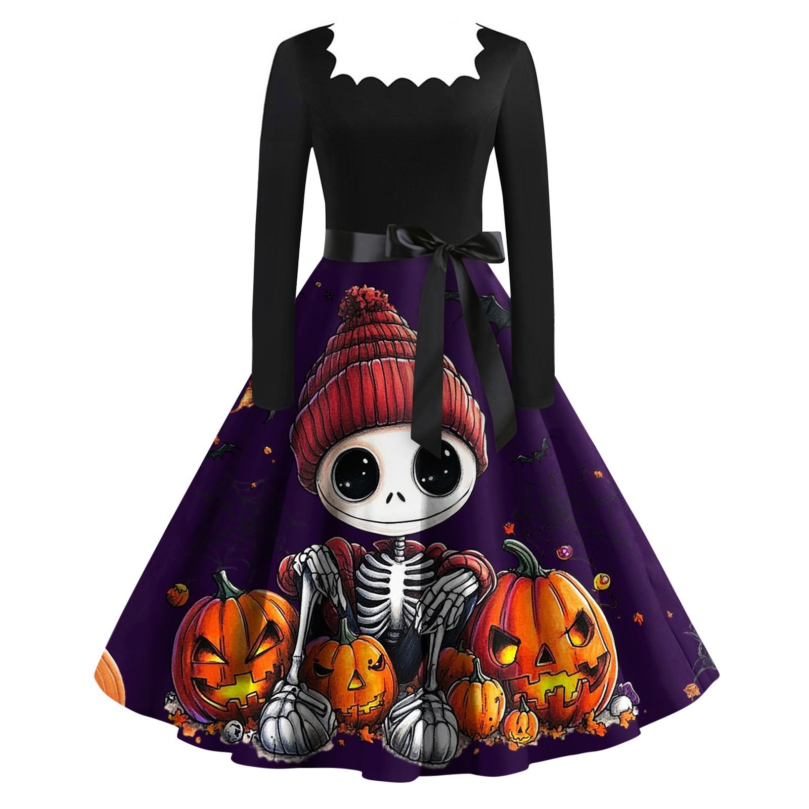 

Женское модное ретро вечернее платье с длинным рукавом и квадратным вырезом с принтом на Хэллоуин S