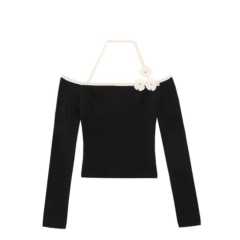 Dámský top na jógu s halter výstřihem, odhalenými rameny, květinovým vzorem a dlouhým rukávem - Podzimní/zimní sportovní a fitness tričko