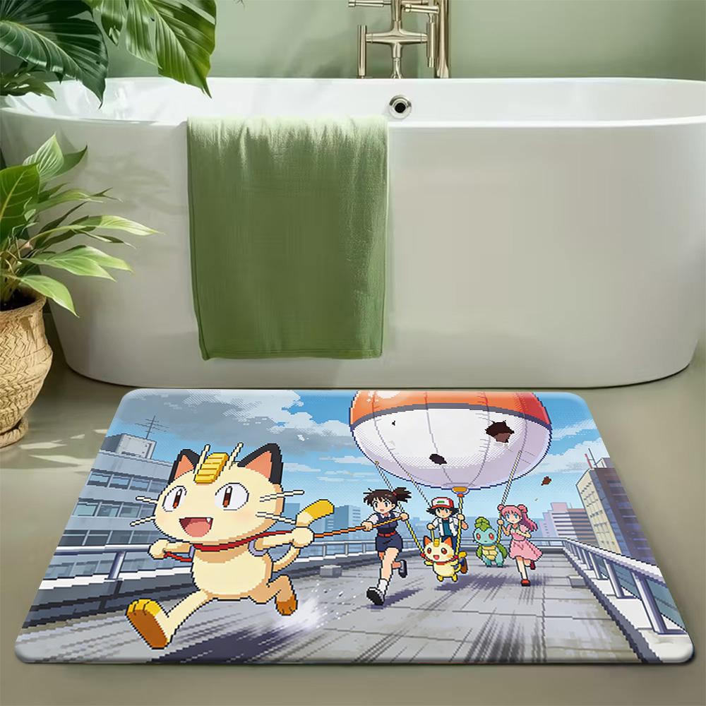 Cute Happy Pikachu With Hat Lightning Print Absorbent Non-Slip Soft Indoor Bedroom Bathroom Doormat Rug 40cm x 60cm