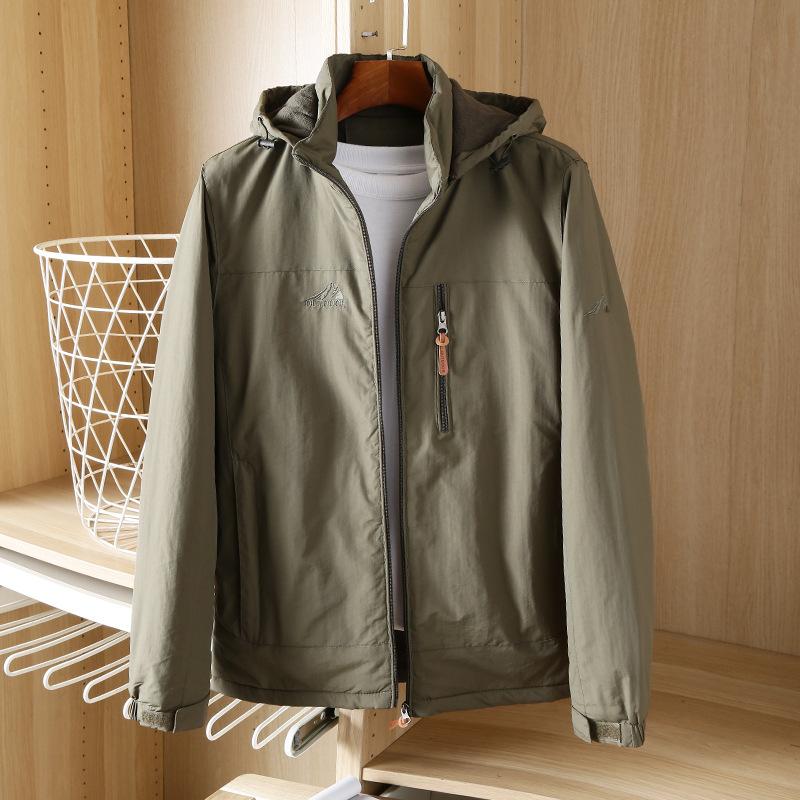 Plus Velvet Padded Warm New Jacket Long Sleeve Coat Autumn and Winter Men's Outdoor Jacket Cotton-padded Jacket with Solid Color.