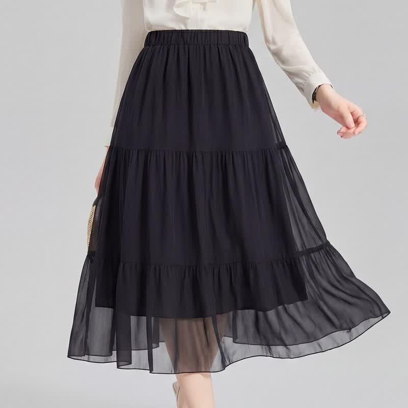 Snowforte Women s High-Waist 100% Mulberry Silk Mesh Patchwork Mid-Length Skirt F