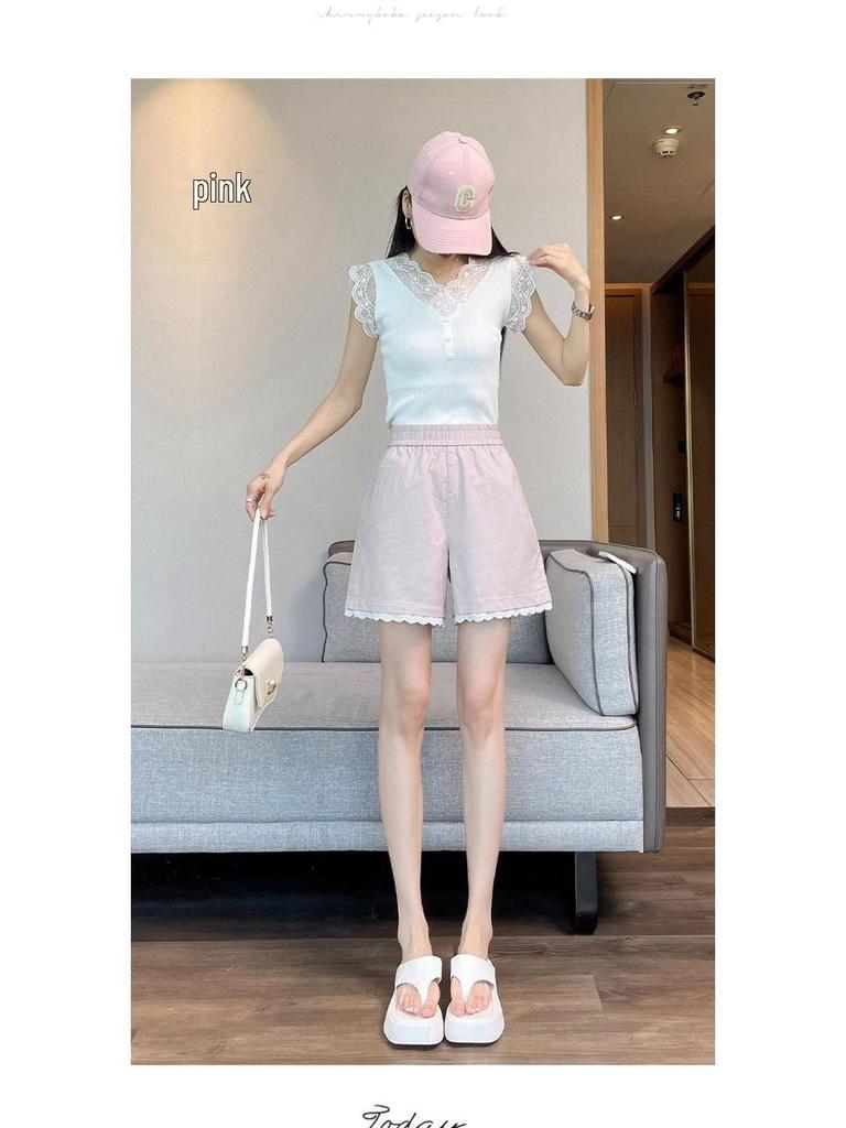 Sommer 2026 Damen High Waist Weiße A-Linien Spitze Besatz Lässige Eis Seide Shorts