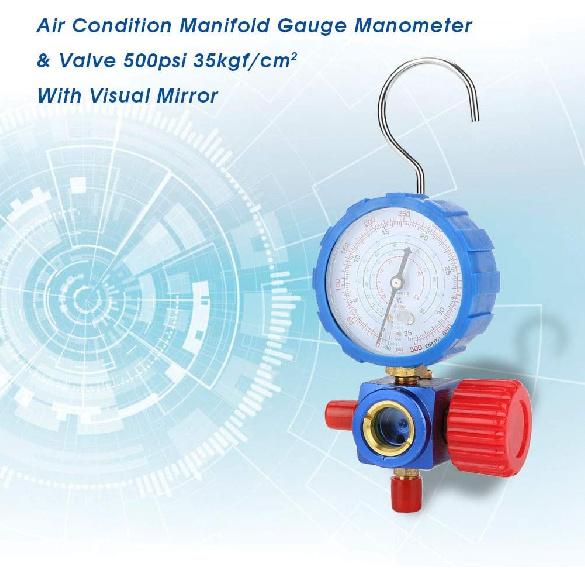 Manifold Gauge, 500psi 35kgf\/cm² Air Condition Refrigeration Manifold Wiht Visual Mirror (Blue) Manometer & Valve for R12 R502 R22 R410 R134A