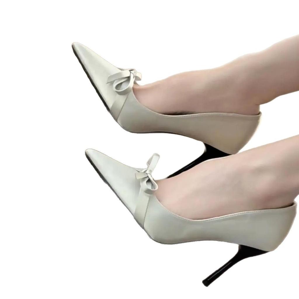 Fashion 2025 New Women's Exquisite Bow 9cm High Heels Pointed Tone Shallow Mouth Black Fine Heels Banquet Casual Women's Shoes