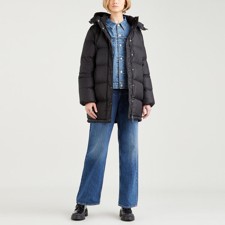 Levis Solid Color Hooded Long Sleeve Drawstring Down Jacket Women outerwear Black A0683-0000